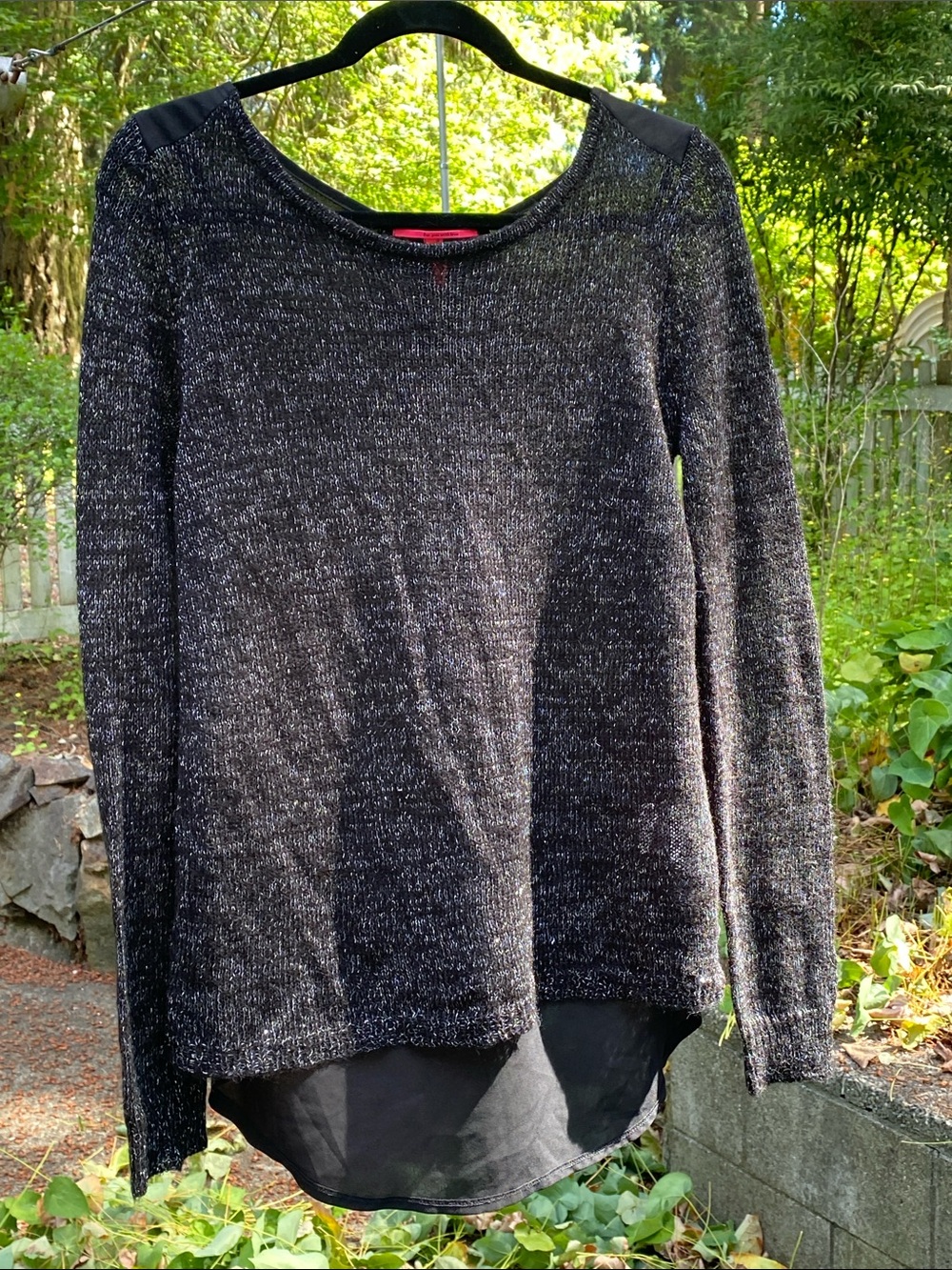 Women's Black Marled Crewneck Sweater with Sheer back and Layered Scoop Hem